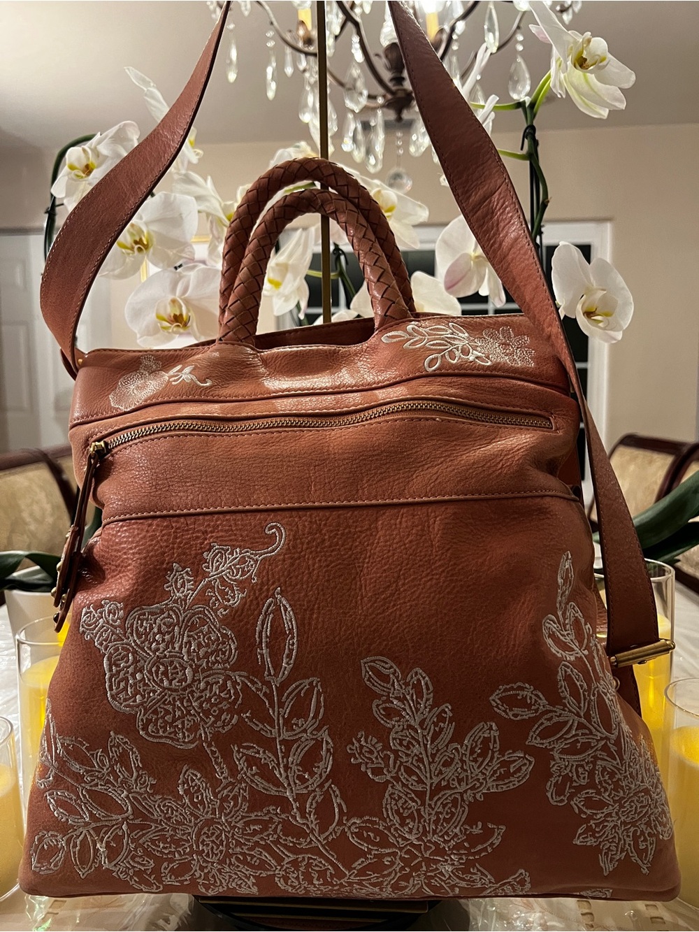 Isabella Fiore Dusty Rose Embroidered Vintage Leather Crossbody Tote